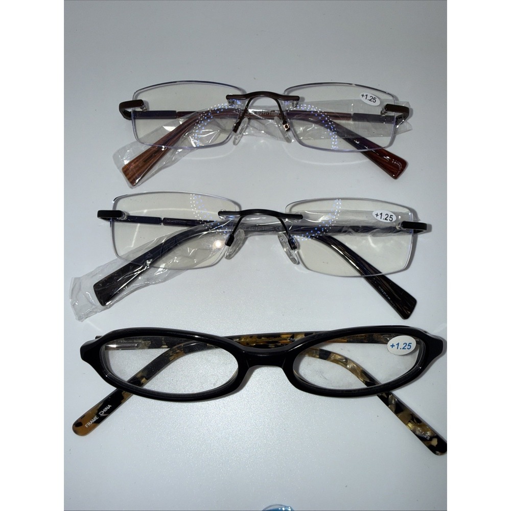 3 Pairs of NEW +1.25 Reading Eyeglasses-2 Frameless- 1 pair Small Black Frame